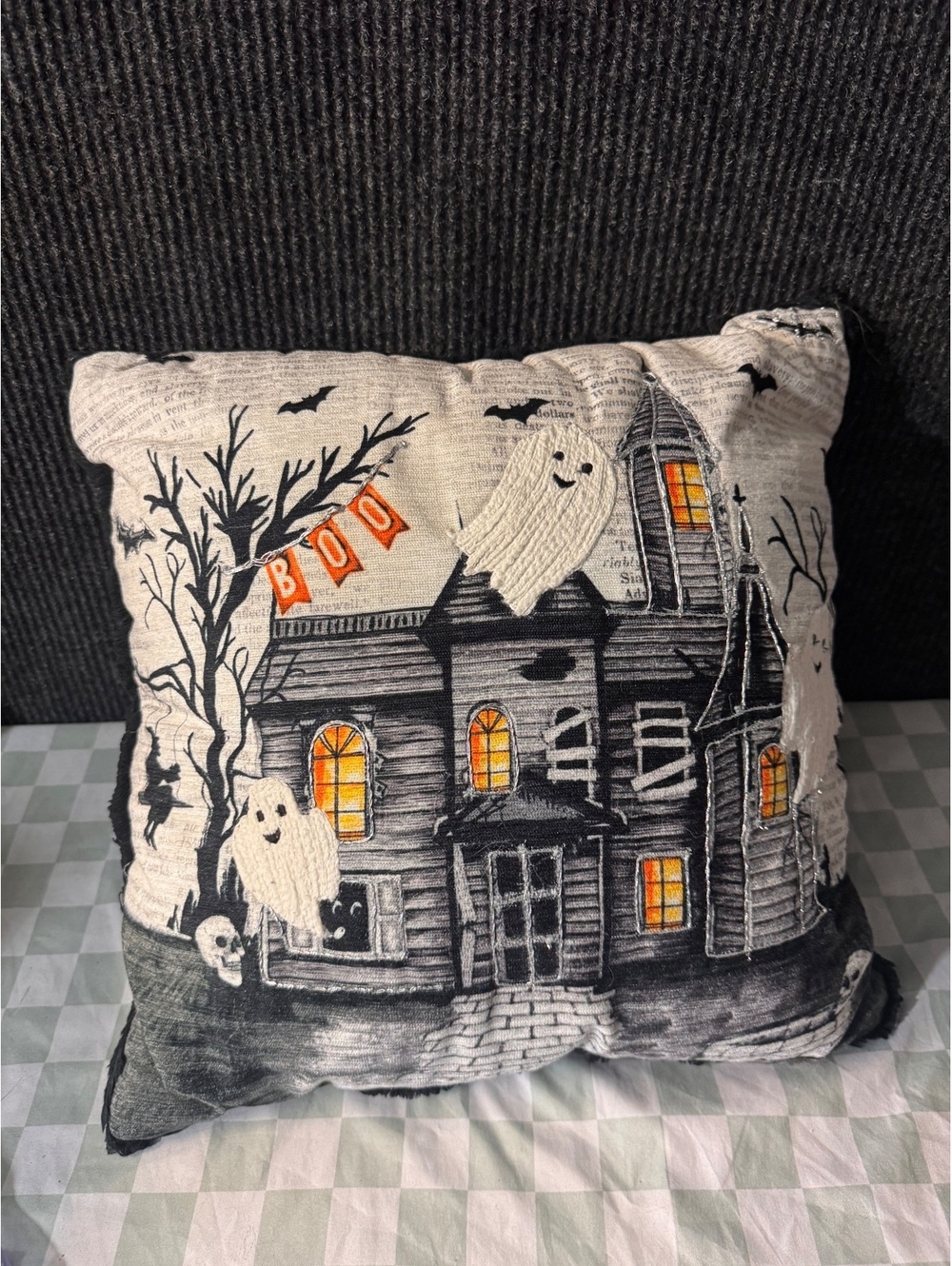 Halloween Haunted House Decorative Pillow with Ghosts and BOO Banner